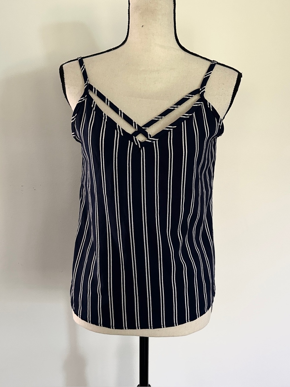 Navy and White Striped Cotton-Blend Tank Top